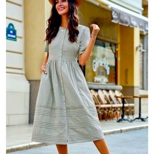 Sage Colored Short Sleeve button Cotton Midi Dress